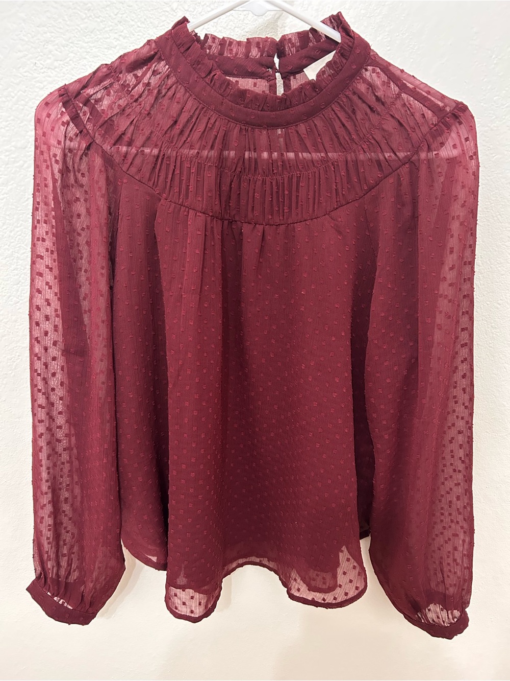 LOFT Wine Colored Sheer Swiss Dot High-Neck Blouse XS